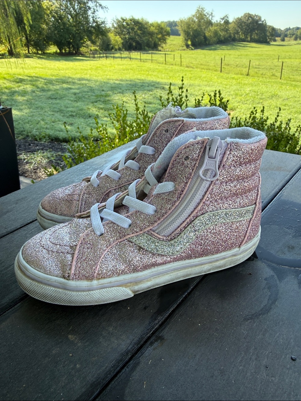 Vans Kids High-Top Glitter Sneakers in Light Pink with Silver Stripe